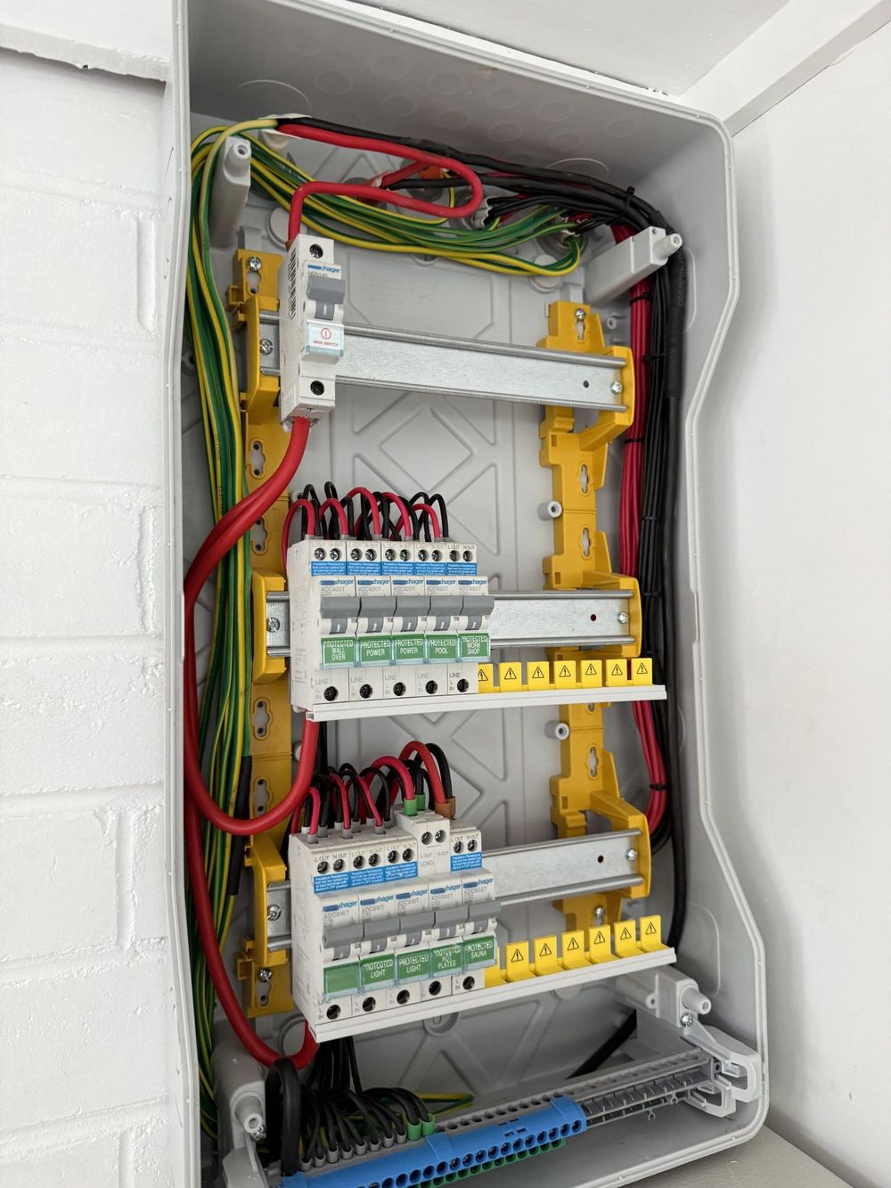 Newly installed switchboard with labelled circuits and safety switches